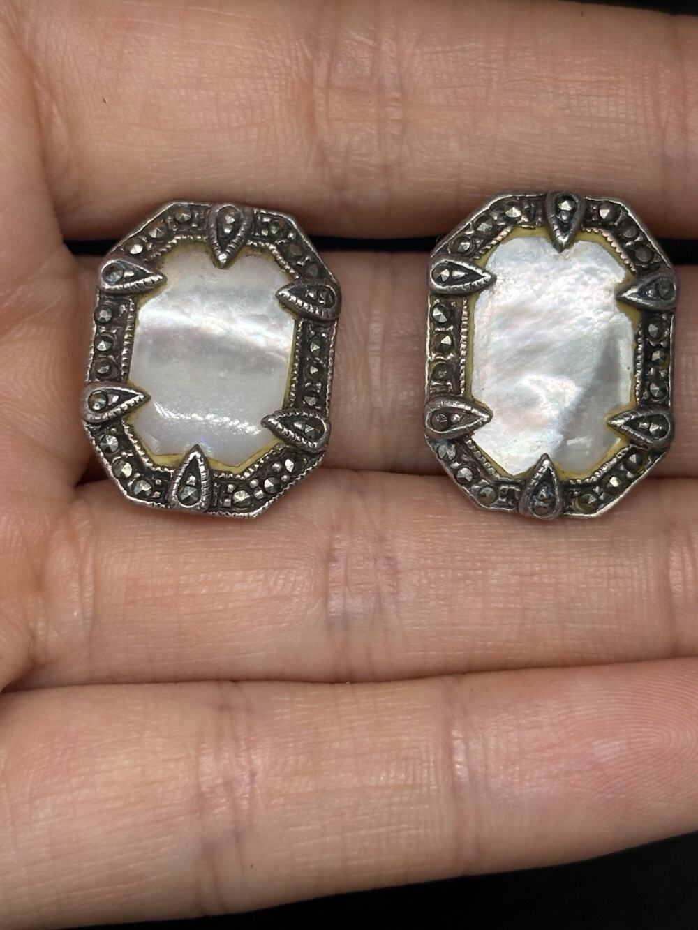 Sterling Silver 925 Marcasite Mother of Pearl Art Deco Style Stud Earrings